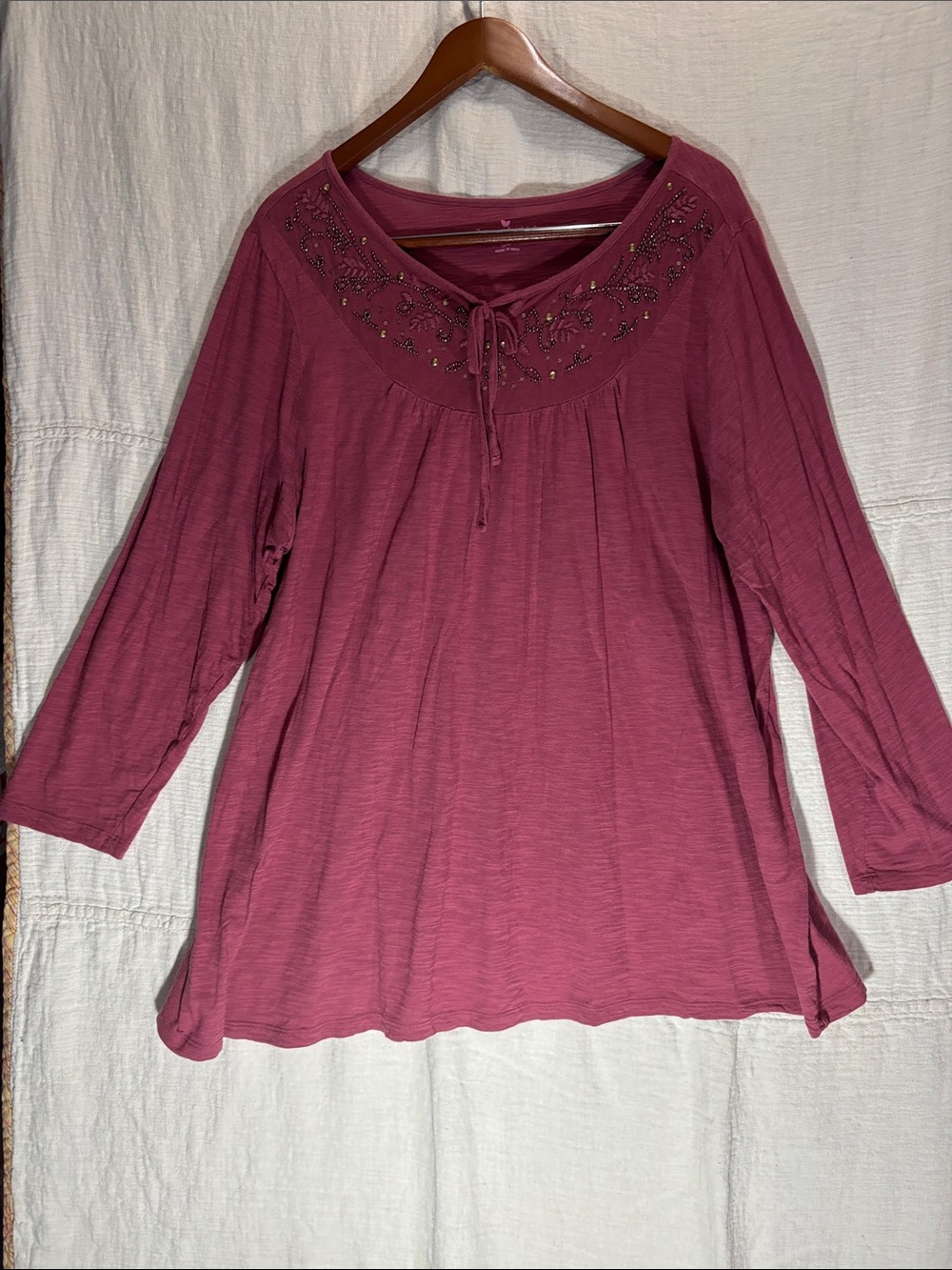 Woman Within Plum Beaded Tie-Front Scoop Tunic 100% Cotton
